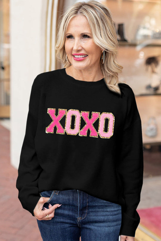 Xoxo Glitter Print Rundhalsausschnitt Casual Pullover