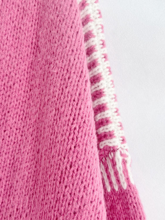 Heidi-Mode | Double Take Kontrast Offene Vorderseite Herunterfallende Schulter Strickjacke