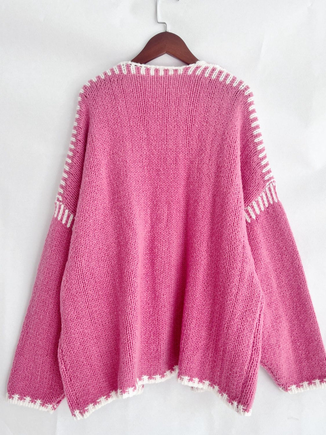Heidi-Mode | Double Take Kontrast Offene Vorderseite Herunterfallende Schulter Strickjacke