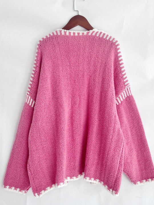 Heidi-Mode | Double Take Kontrast Offene Vorderseite Herunterfallende Schulter Strickjacke