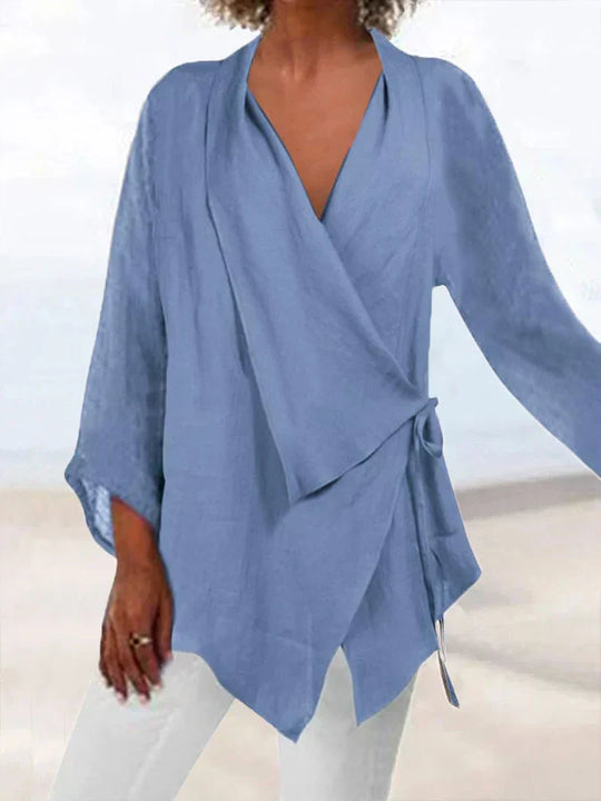 Heidi-Mode | Baumwolle-Leinen Wickelbluse mit Schleife