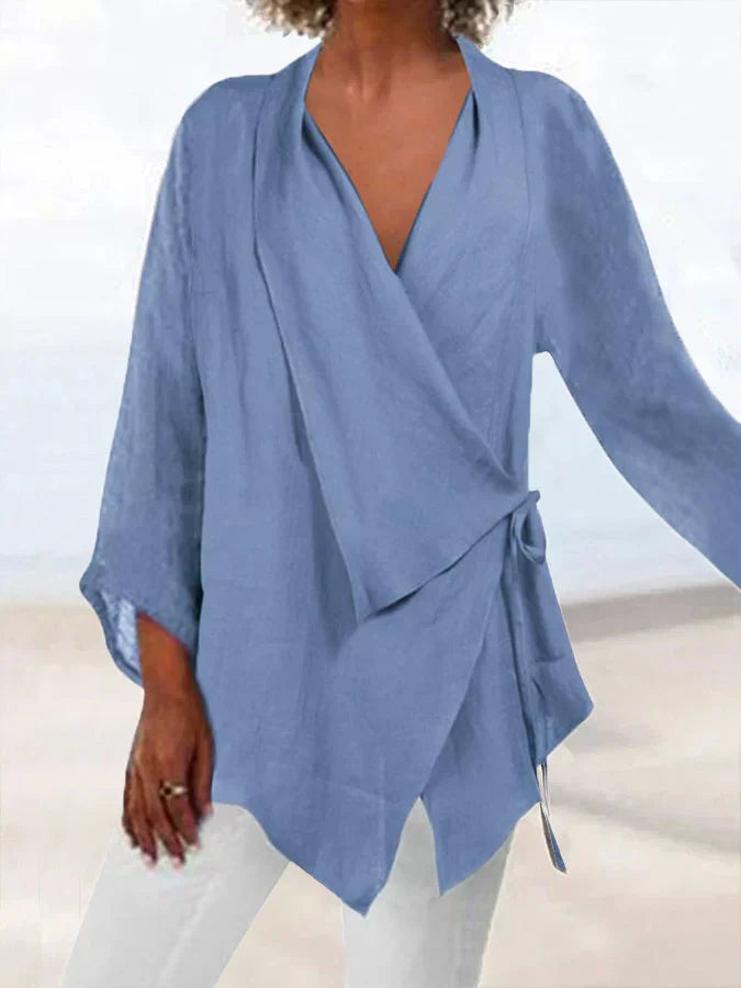 Heidi-Mode | Bluse Baumwolle-Leinen Wickelbluse mit Schleife