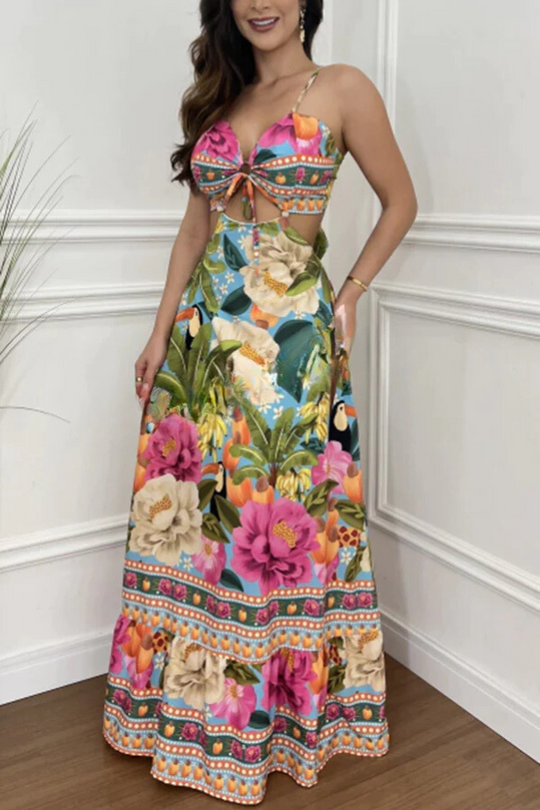 Heidi-Mode | Mexico Style Tropischer Druck Ring Cutout Schnürung Urlaub Maxi Kleid