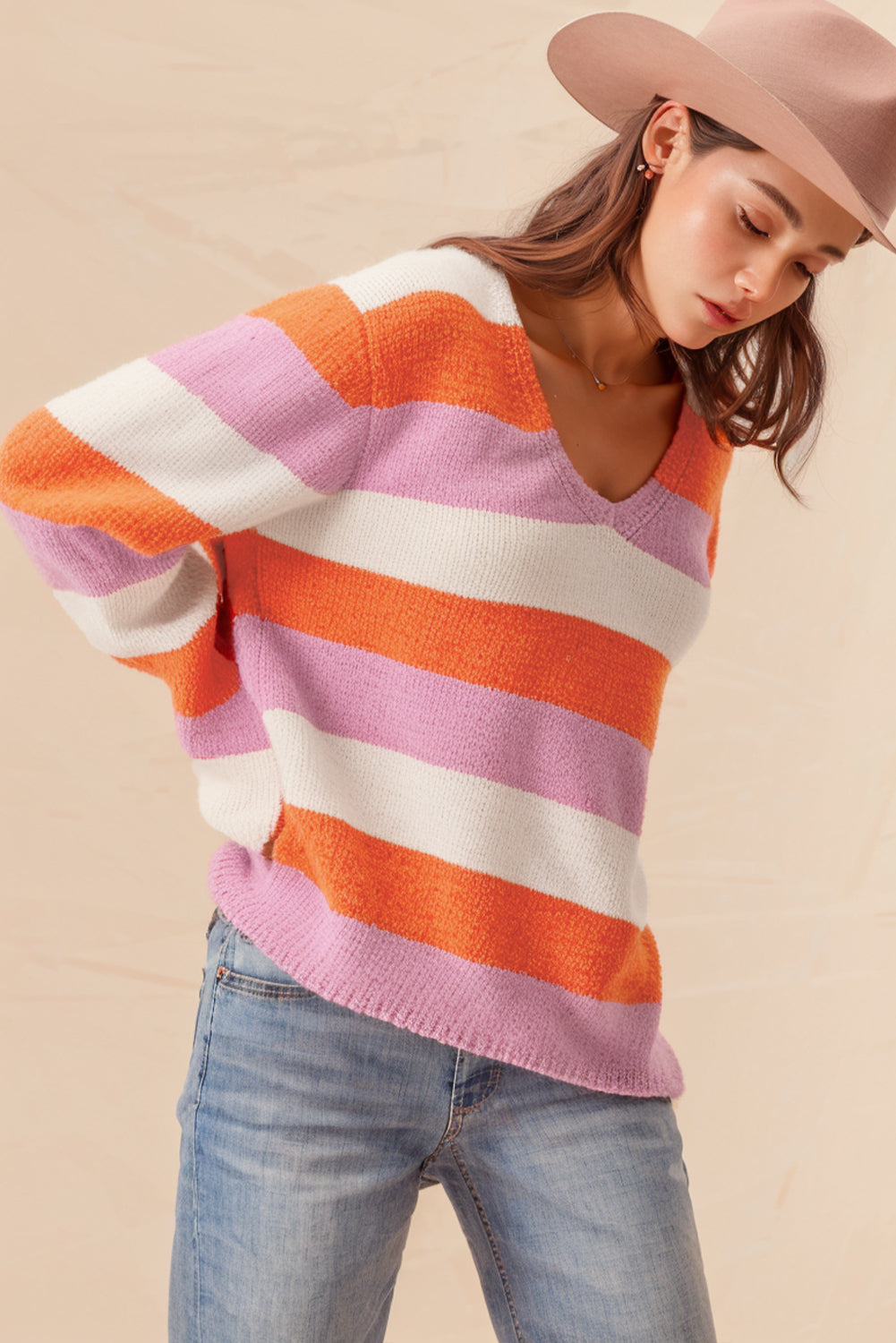 Gestreifter Colorblock V-Ausschnitt Freizeitpullover