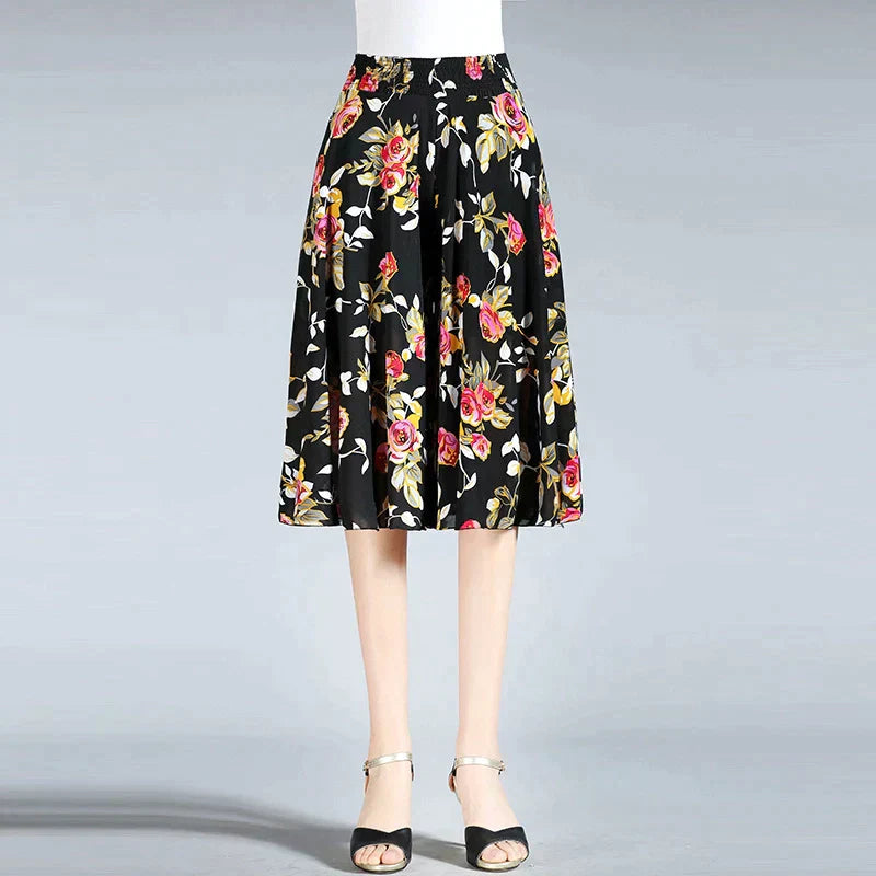 Heidi-Mode | Damen Chiffon Culottes mit Breiten Beinen und Hoher Elastischer Taille