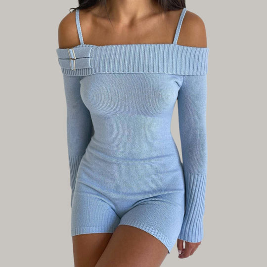 Schulterfreier Strickbody Jumpsuit mit Rippstruktur