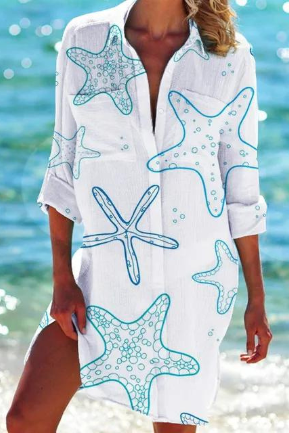 Heidi-Mode - Lange Strandbluse mit Meeresmotiv