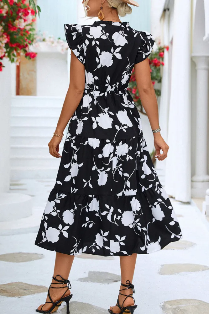 Floral V-Ausschnitt Strand Rüschenärmel Midi Kleid