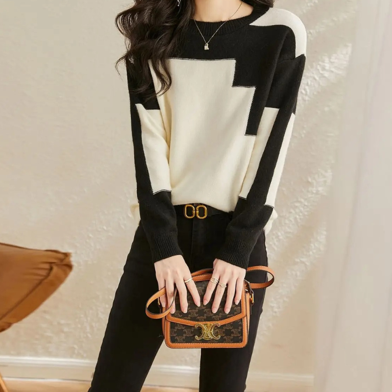 Heidi-Mode | Geometrischem Strickmuster, Lässiger Pullover Damen Pulli