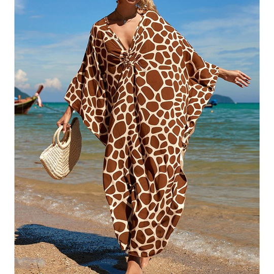 Blauw bedrukte strandjurk met V-hals
