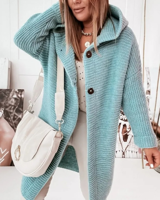 Heidi-Mode | Lange Damen-Weste, Strickjacke mit Kapuze und Knöpfen