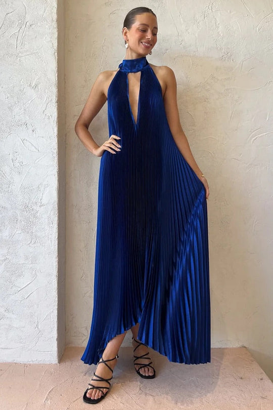 Heidi-Mode | Halter Tied Up Cutout Neck Pleated Backless Asymmetrischer Saum Hochzeitsgast Maxi Kleider