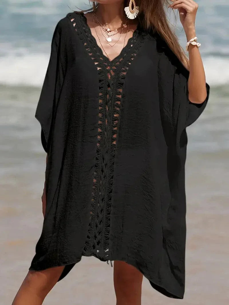 Heidi-Mode | Strand Kimono Leicht und Luftig V-Ausschnitt mit Spitzen Details Kurze Ärmel