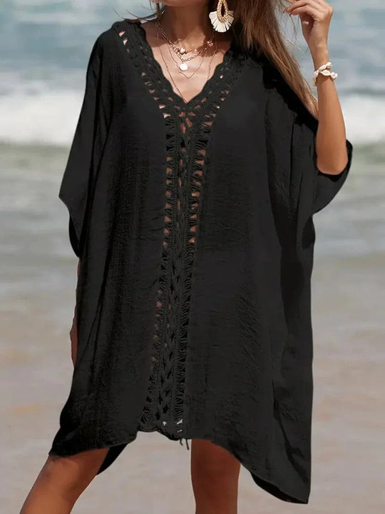 Heidi-Mode | Strand Kimono Leicht und Luftig V-Ausschnitt mit Spitzen Details Kurze Ärmel