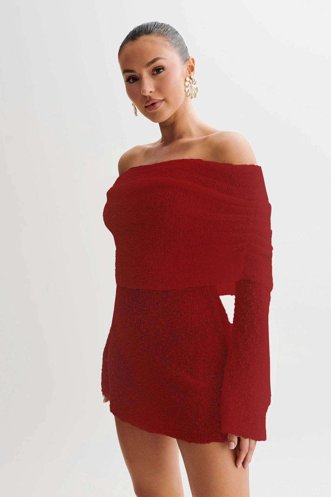Heidi-Mode | Langarm Off Shoulder Kleid mit Ausschnitten und Kurzem Rock
