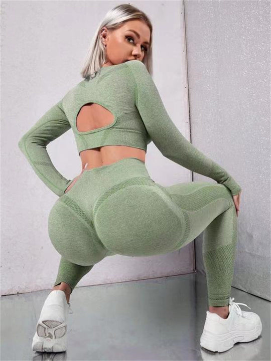 Heidi-Mode | 2-Teiliges Sportbekleidung-Set mit Langarm, Durchbrochendem Design und Hochtaillierten, Nahtlosen Fitness-Leggings