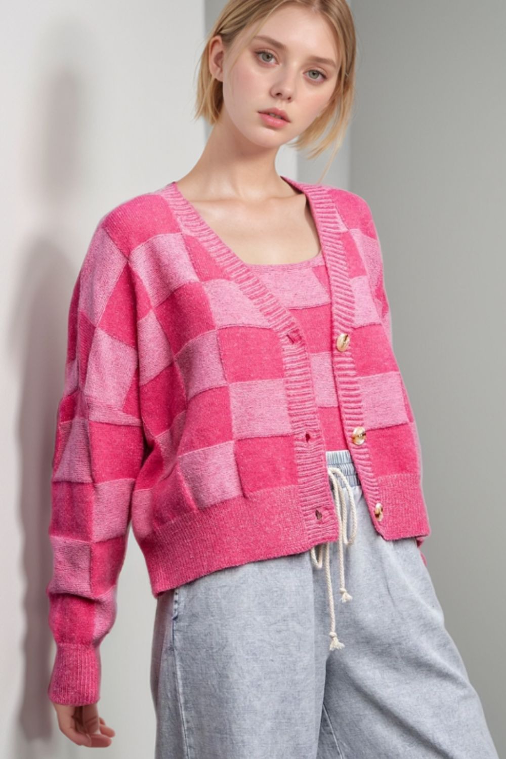 Heidi-Mode | Kariertes V-Ausschnitt Langarm Cardigan
