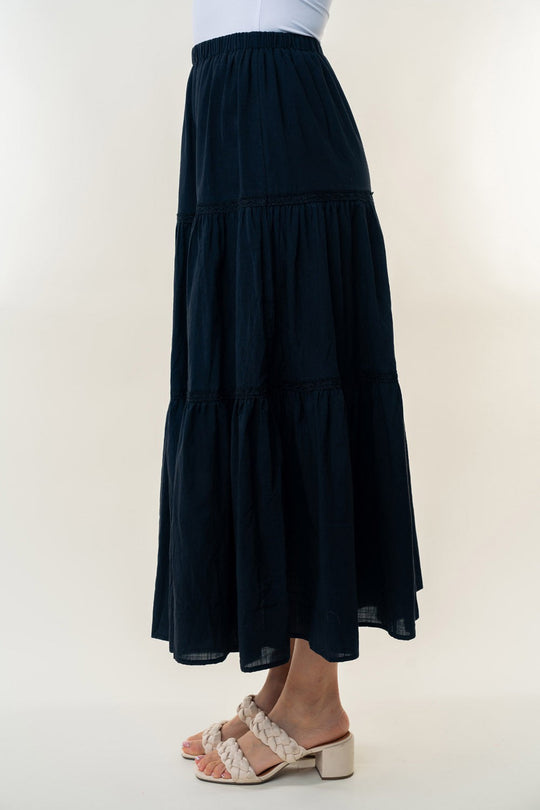 Heidi-Mode | White Birch Hohe Taillierte Stufen Maxi Rock