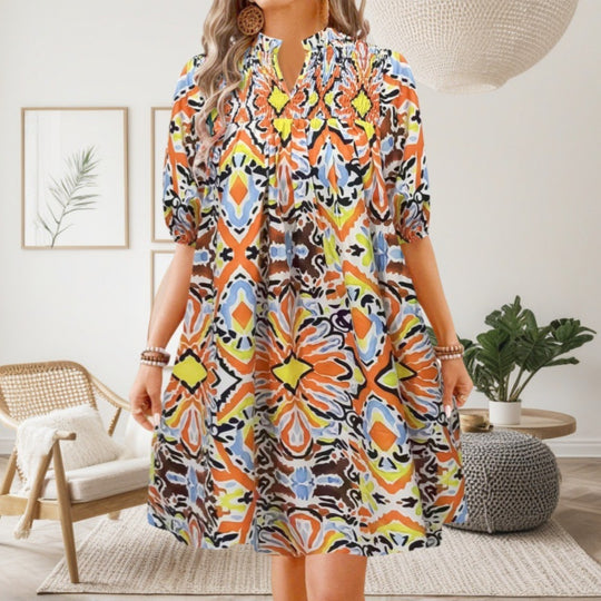 Heidi Mode | Bohemian Women 's Fashion Bedrucktes Kleid mit V-Ausschnitt