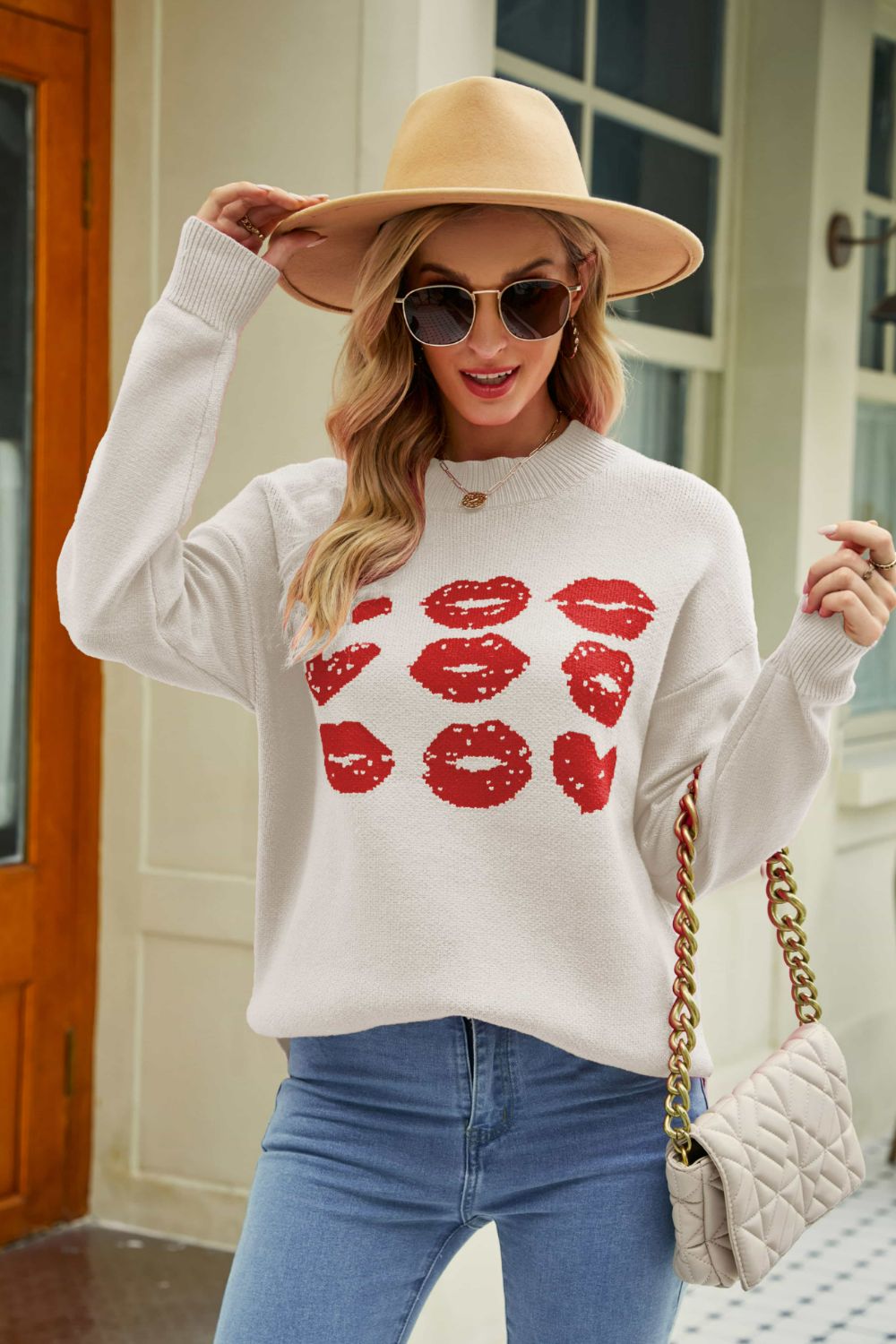 Heidi-Mode | Lip Grafik Schlitz Fallende Schulter Pullover
