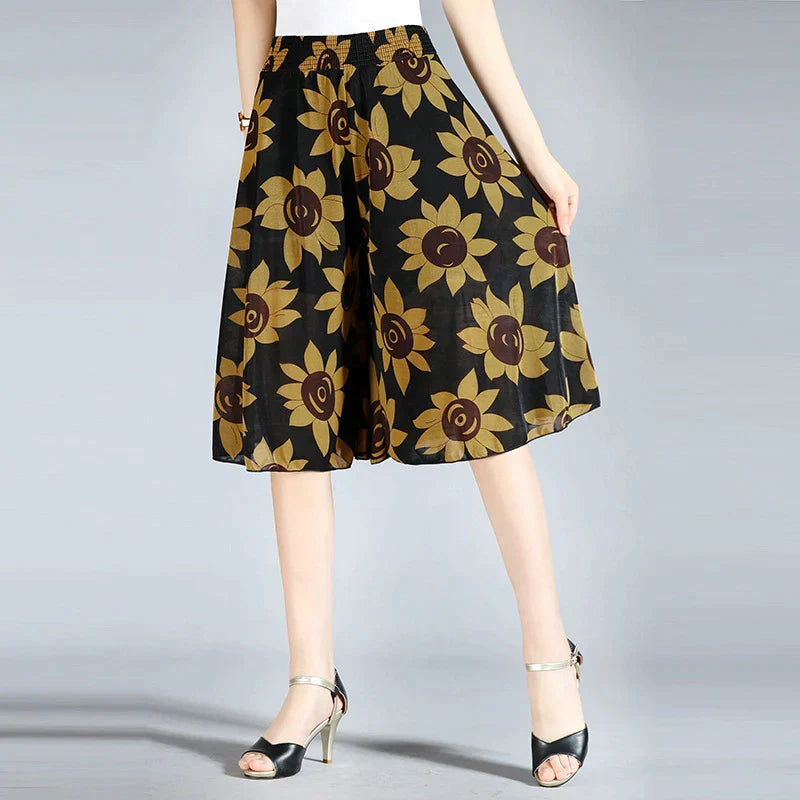 Heidi-Mode | Damen Chiffon Culottes mit Breiten Beinen und Hoher Elastischer Taille
