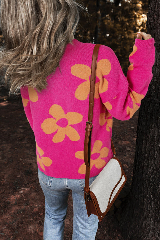 Große Blume Muster Mock Neck Long Sleeve Pullover