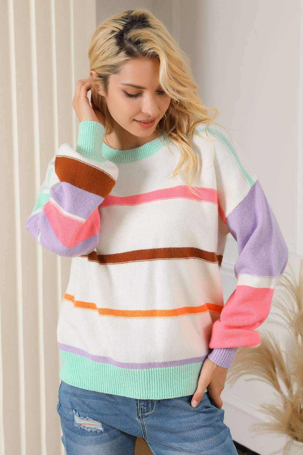 Gestreifter Colorblock Pullover Mit Überschnittenen Schultern