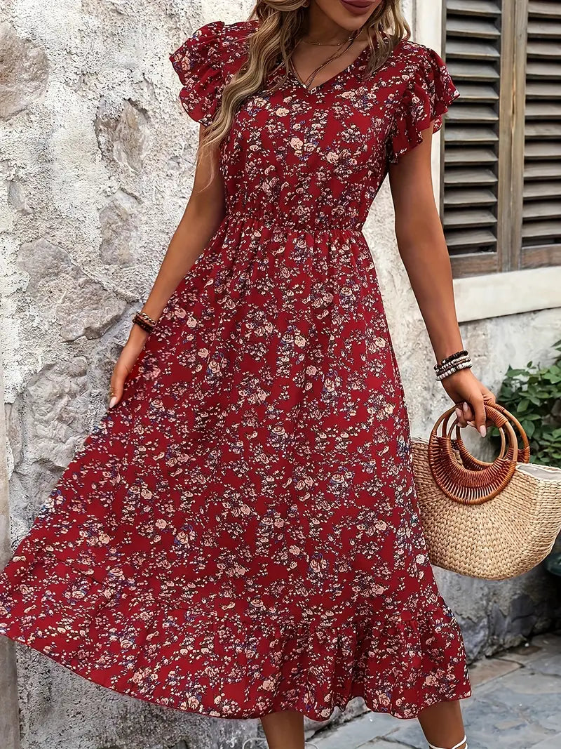 Heidi – Florales Kleid Mit V-ausschnitt Und Eleganten Rüschenärmeln