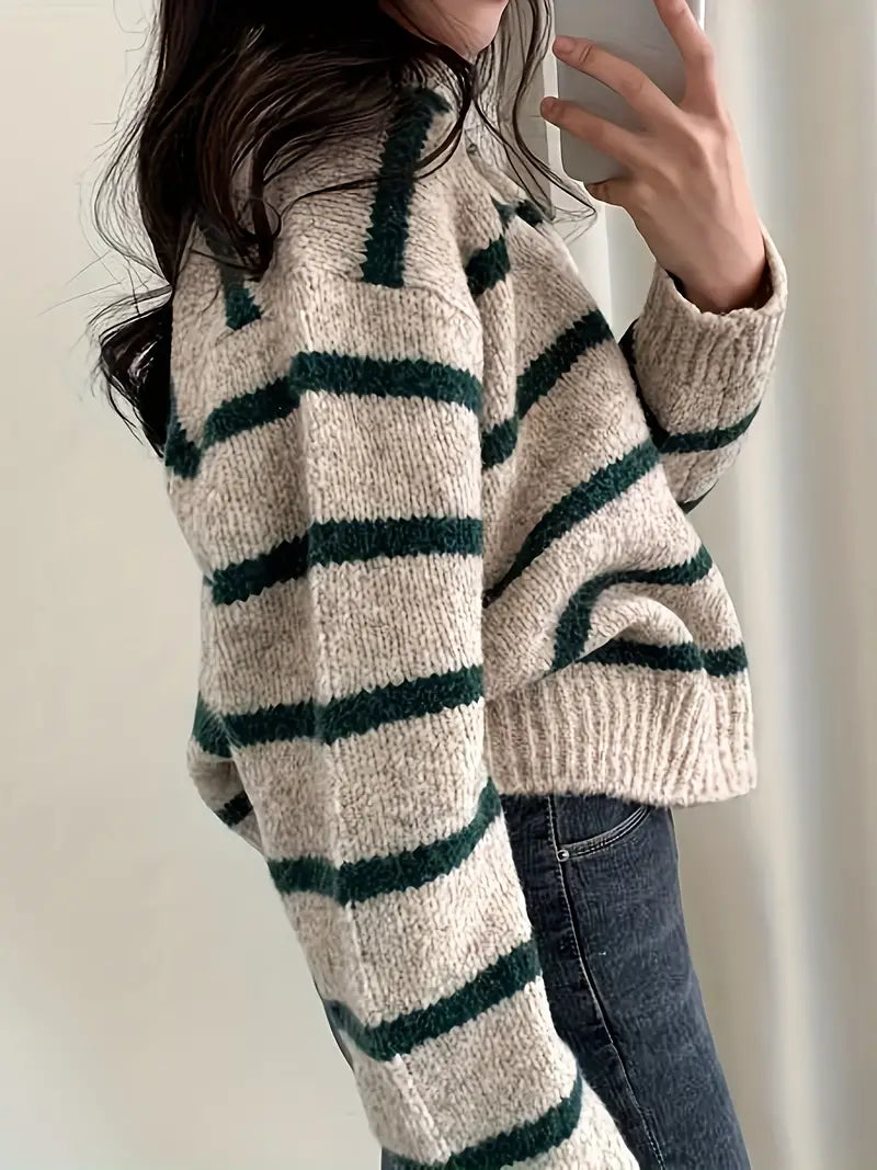 Heidi-Mode | Mühelose Eleganz Gestreifter V-Ausschnitt Strickpullover