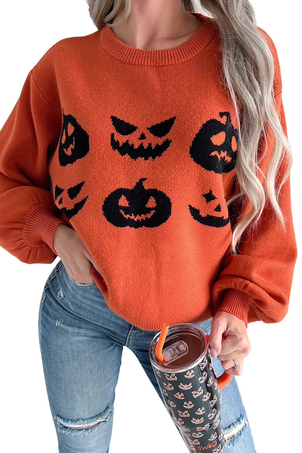 Halloween Kürbis Gesicht Muster Drop Shoulder Pullover