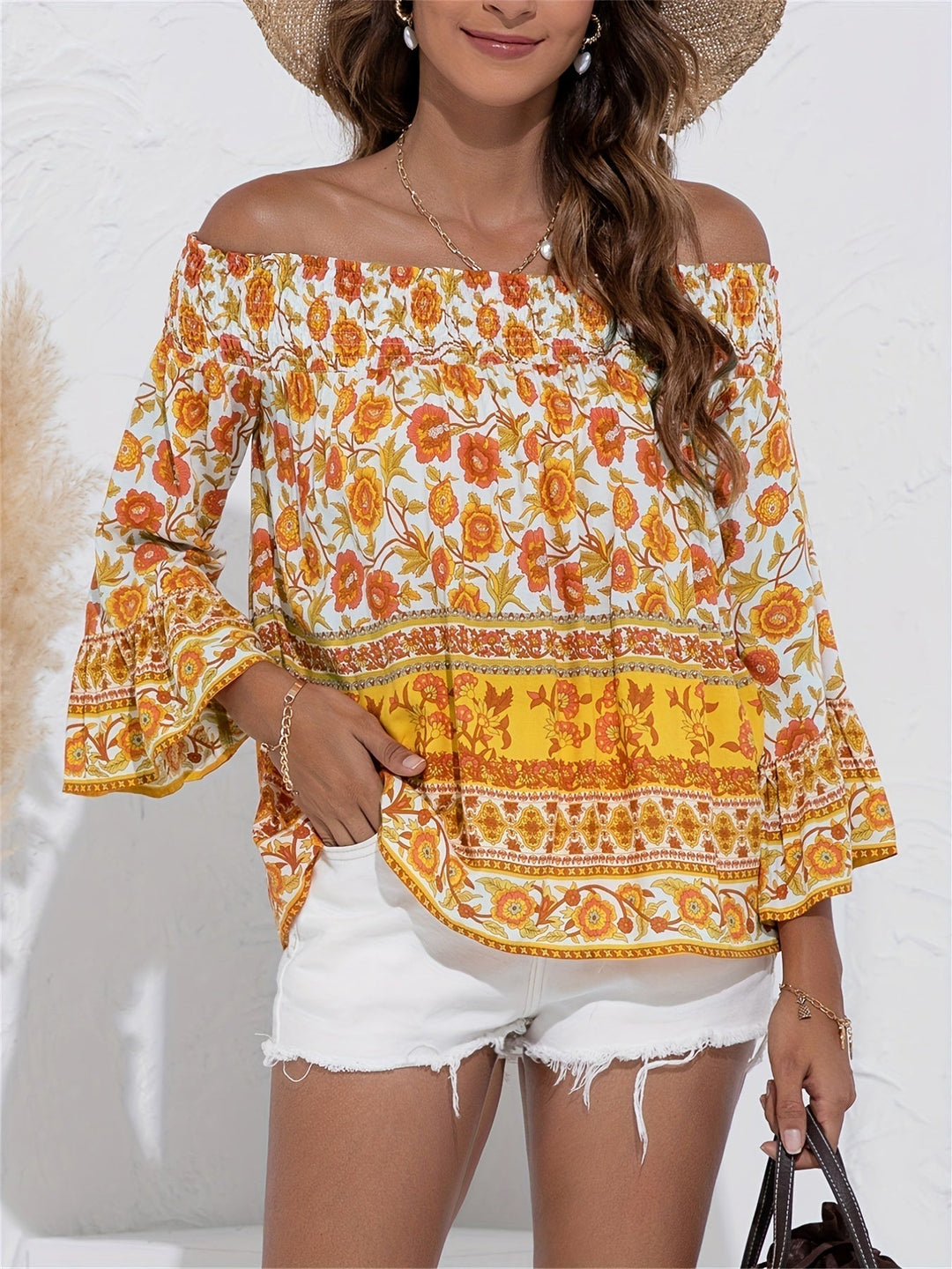 Heidi-Mode | Schulterfreie Bluse mit Blumenmuster für Damen