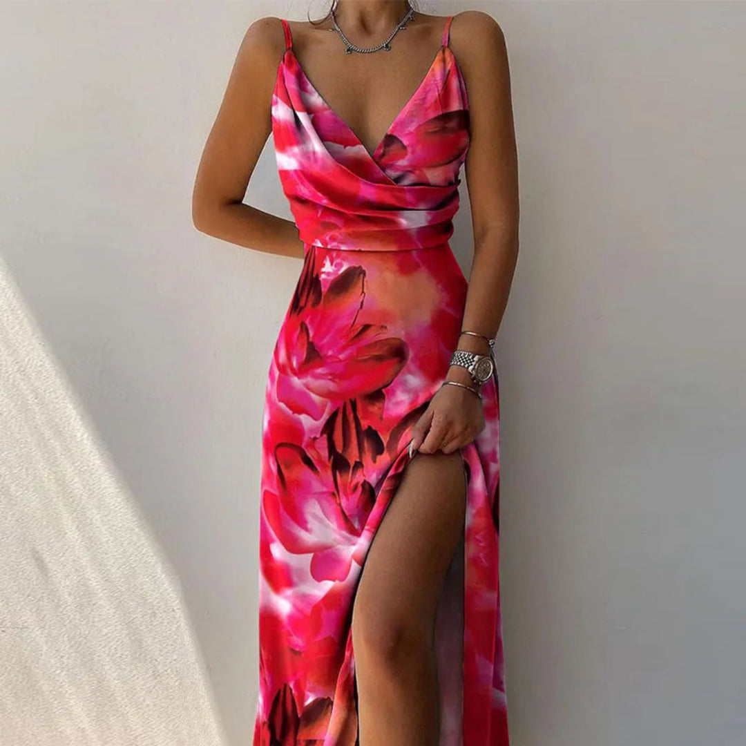 Heidi Mode | Kleid mit Hosenträgern und V-Ausschnitt mit geteiltem Print