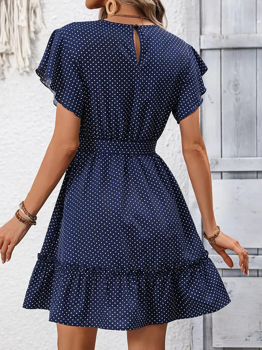 Heidi-Mode | Dunkelblaues Midi Kleid Punkt Elegant Sommerkleid mit Schleife Taille