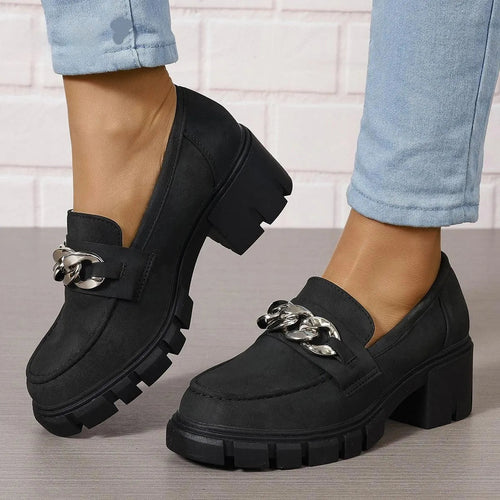 Heidi-Mode | Damen-Mokassins mit hohem Absatz und Kette