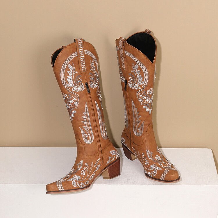 Heidi-Mode | Bestickte Western Denim Retro Damen Knielange Stiefel