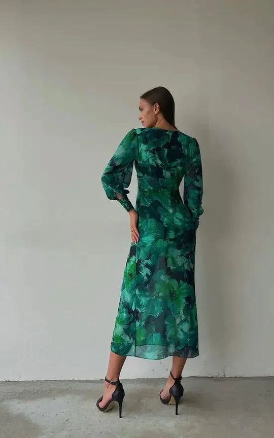 v-ausschnitt lange ärmel mit schlitz midi kleid