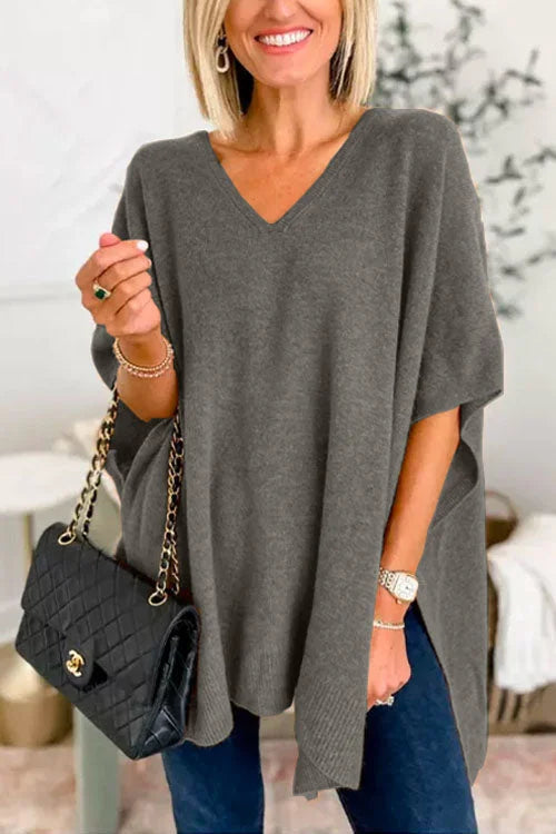 Heidi-Mode | V-Ausschnitt Poncho Pullover mit elegantem lockeren Schnitt