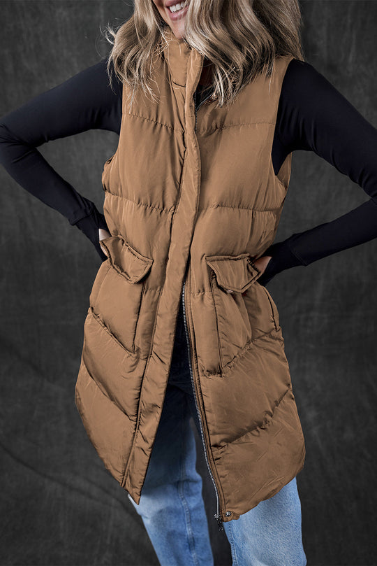 Windproof Longline Full Zipper Puffer Vest Mit Taschen