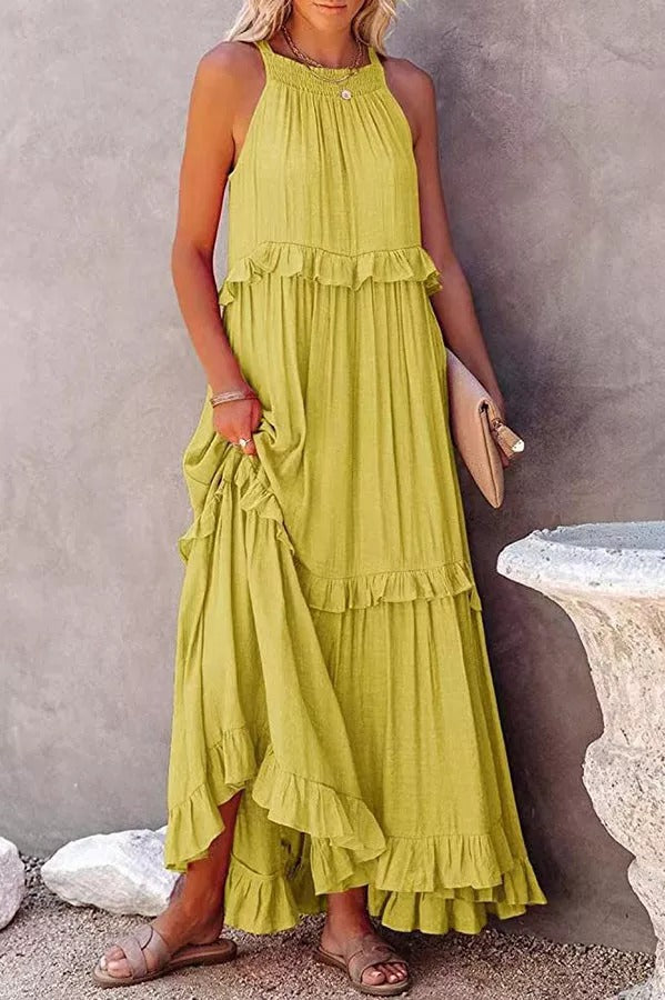 Heidi-Mode | Vittoria Raffung Rüsche Schichten Maxi Halter Kleid