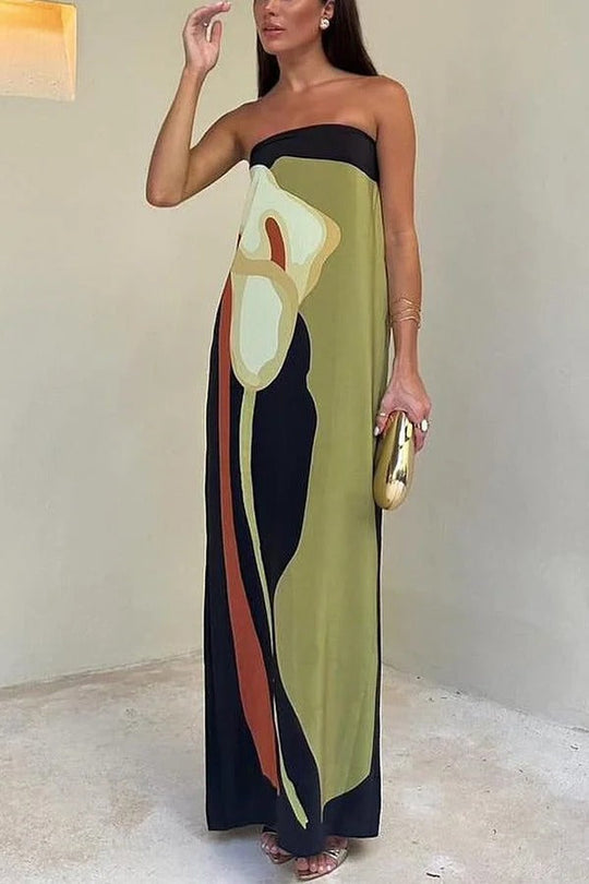 Heidi-Mode | Jaime Abstrakter Floralprint Elastischer Off-Shoulder Urlaub Locker Maxi Kleid