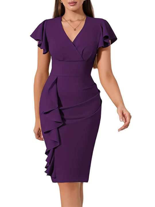 Heidi-Mode | Lässiges Baumwollkleid mit Rüschen Saum, V-Ausschnitt und Kurzen Ärmeln für Damen Ideal für Den Sommer