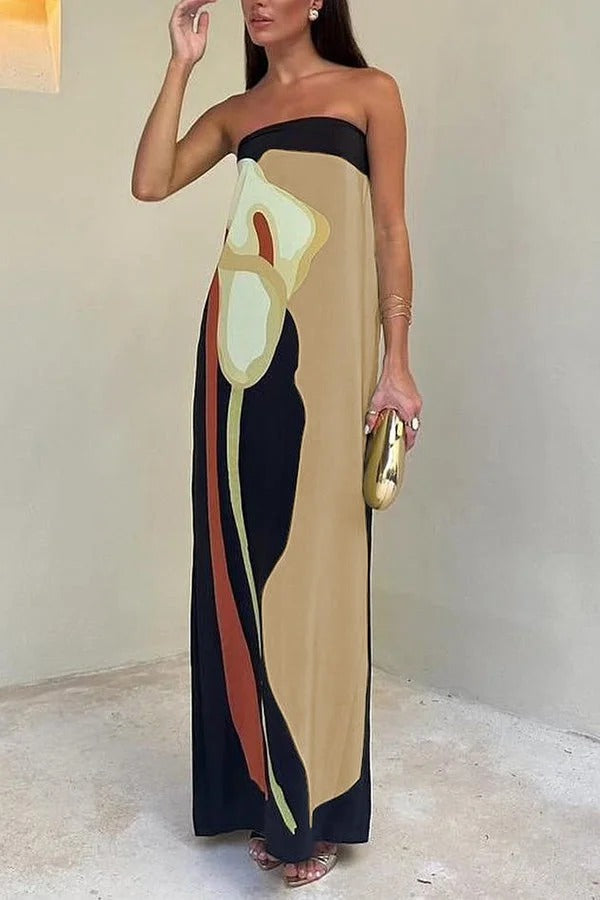 Heidi-Mode | Jaime Abstrakter Floralprint Elastischer Off-Shoulder Urlaub Locker Maxi Kleid