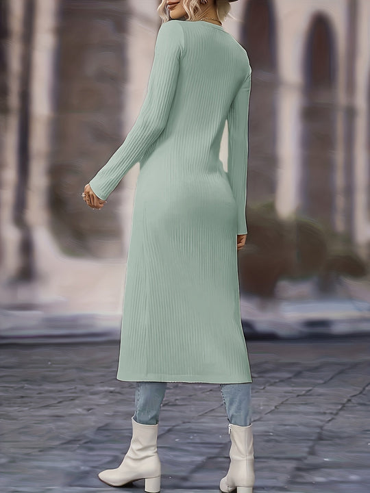 Heidi-Mode | Langer Cardigan - Knopf-Front V-Ausschnitt - Enganliegende Strick - Knielanges Lagenstück