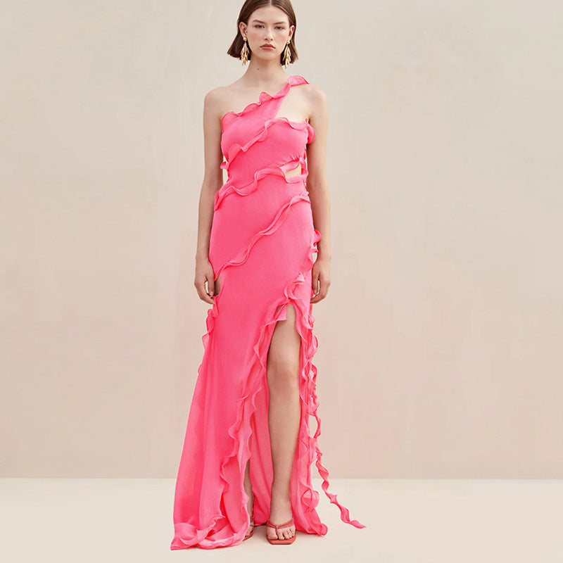 Heidi-Mode | Modische Street Lace Ribbon Kleid mit Schräge Schulterdesign