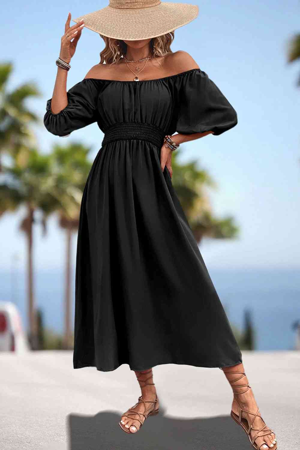 Heidi-Mode | Quadrat-Ausschnitt Geraffte Taille Puffärmeln Midi Kleid