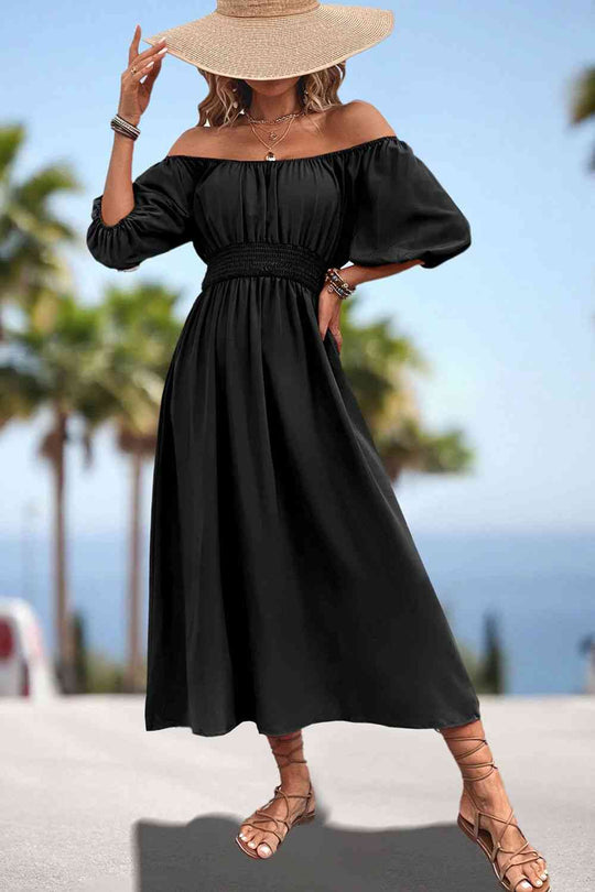 Heidi-Mode | Quadrat-Ausschnitt Geraffte Taille Puffärmeln Midi Kleid