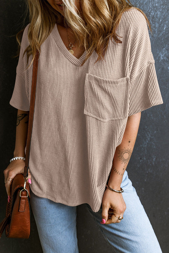 Heidi-Mode | Strukturiertes V-Ausschnitt T-Shirt mit Fallenden Schultern