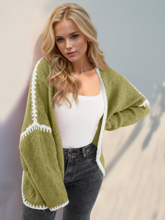 Heidi-Mode | Double Take Kontrast Offene Vorderseite Herunterfallende Schulter Strickjacke