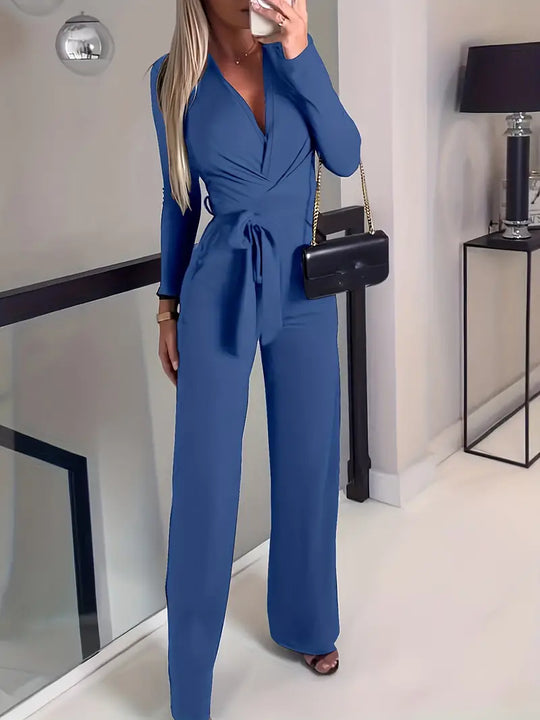 Slim elegance weit ausgestellter Gürtel mit V-Ausschnitt Jumpsuit