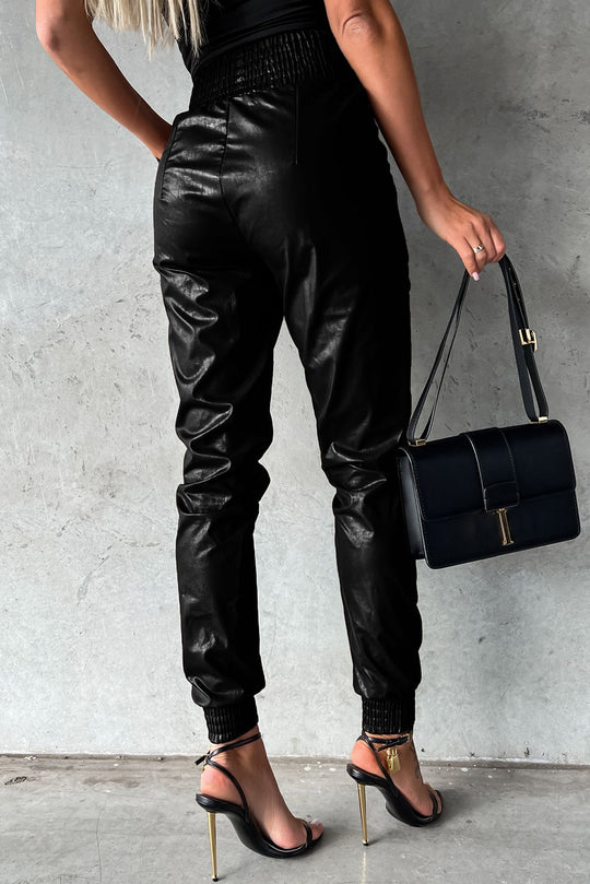 Gesmokte Leder-Skinny-Hose Mit Hoher Taille